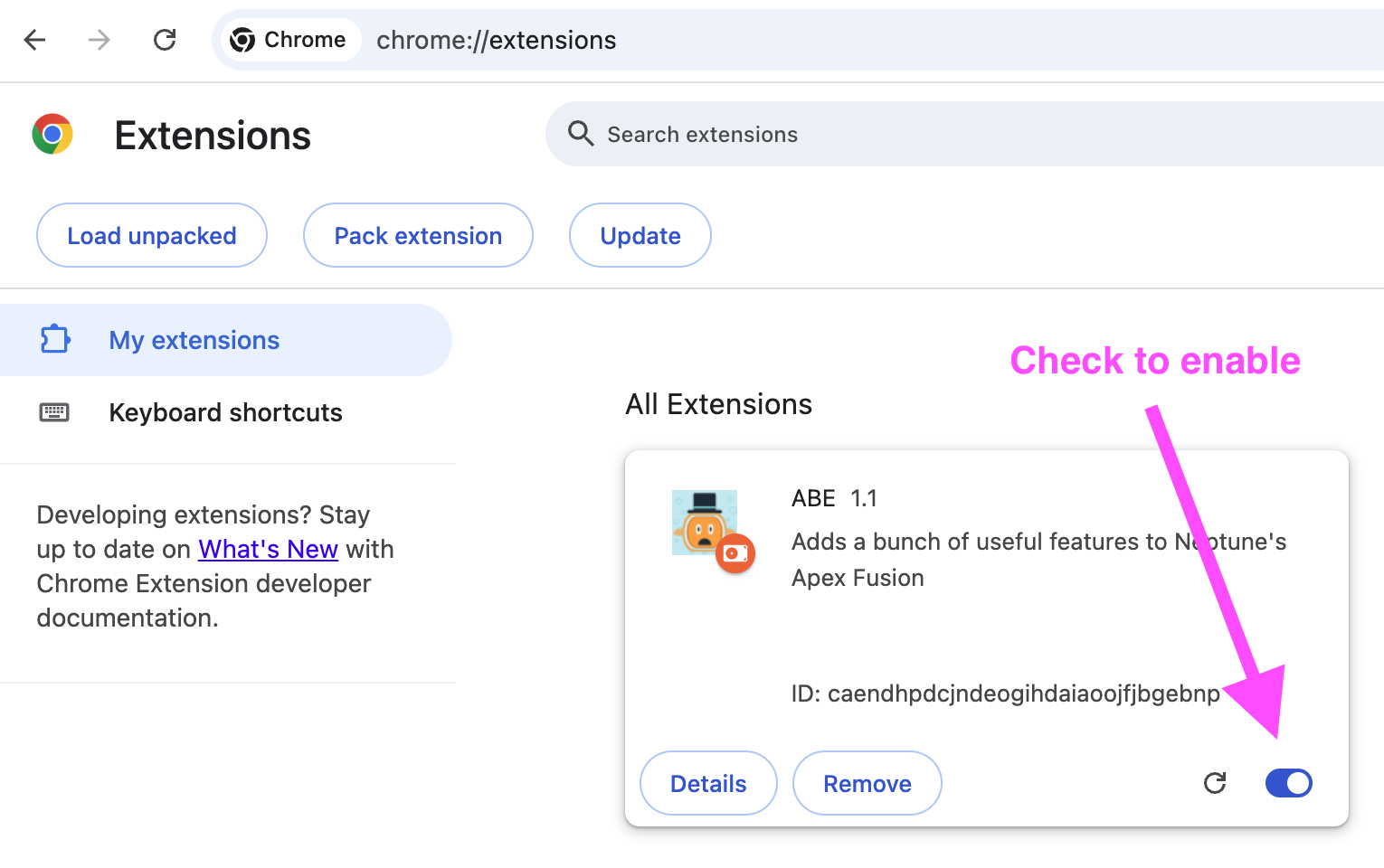 Chrome extensions page showing ABE enabled