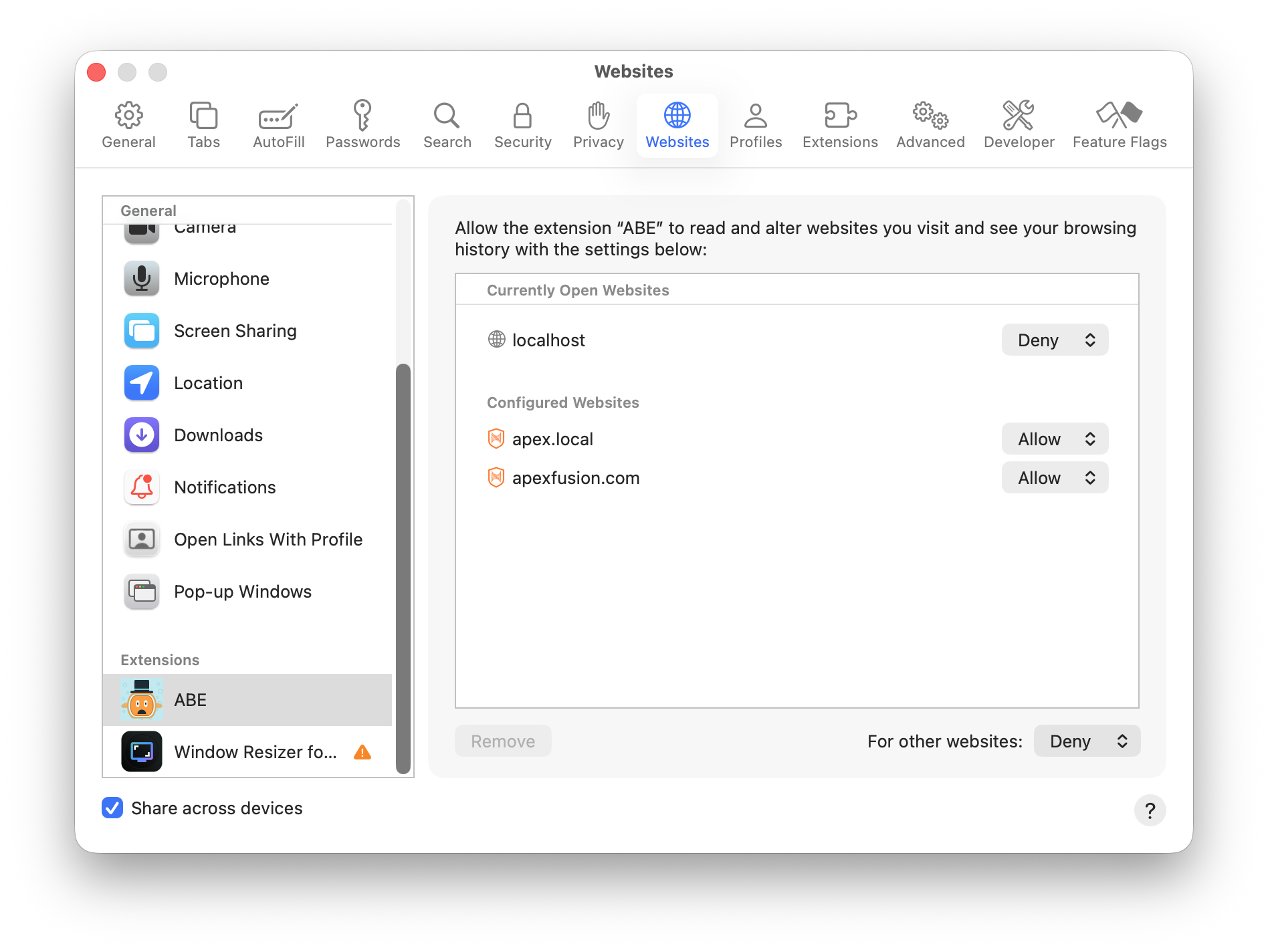 Safari per-site permission settings for ABE