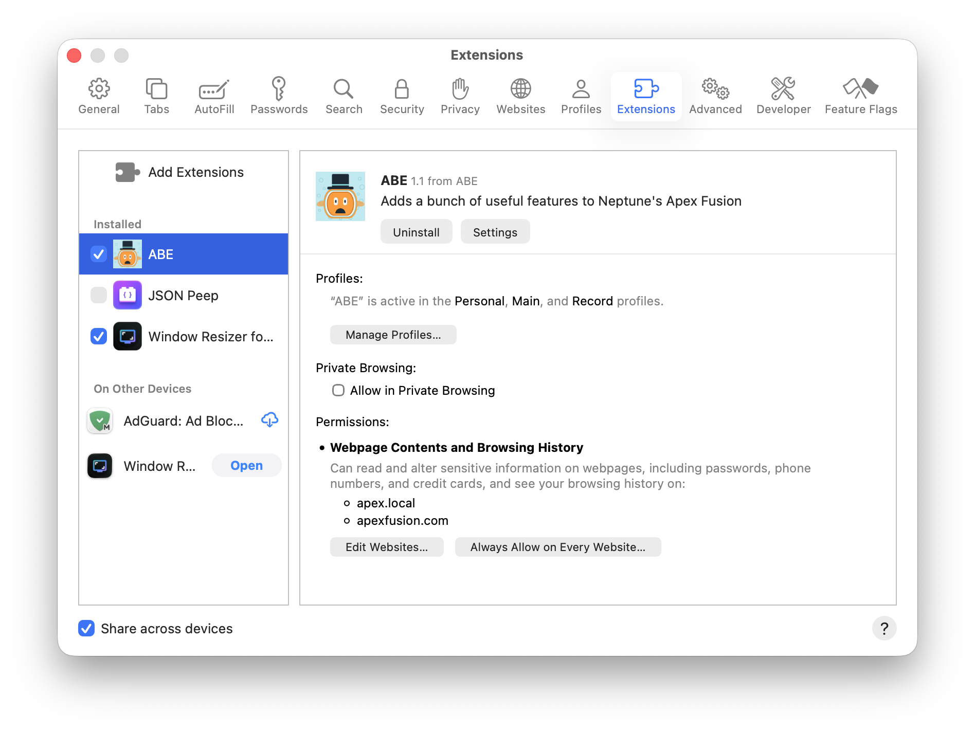 Safari Extensions settings showing ABE enabled